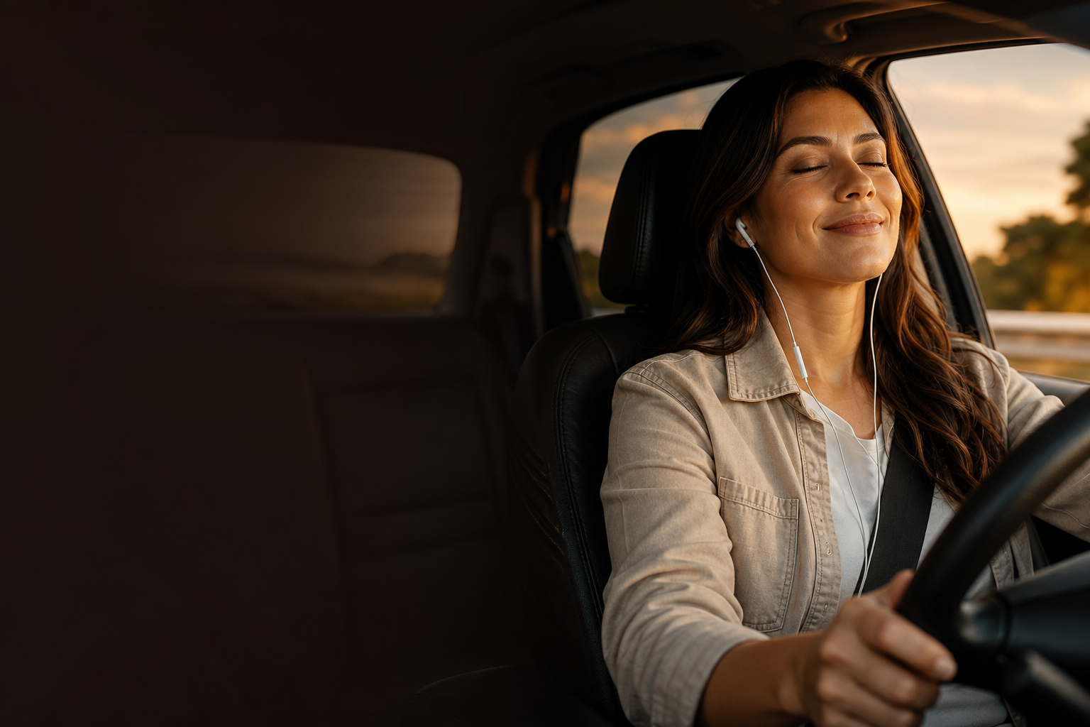 Pessoa ouvindo louvores no carro com serenidade